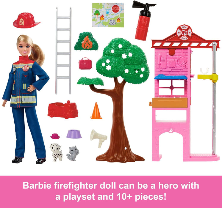 Barbie Careers Firefighter Doll & Playset with Fire Station & Tree, 2 Pets, Color-Change & 10+ Accessories Including Fire Extinguisher Squirt Toy
