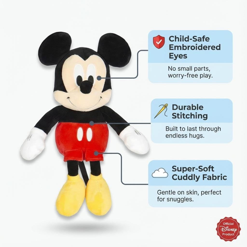 Disney Classic Mickey Mouse Cuddly Stuffed Toy | Soft Toys for Kids | Cute Plushies, 9 Inch, 3Y+, Multicolour