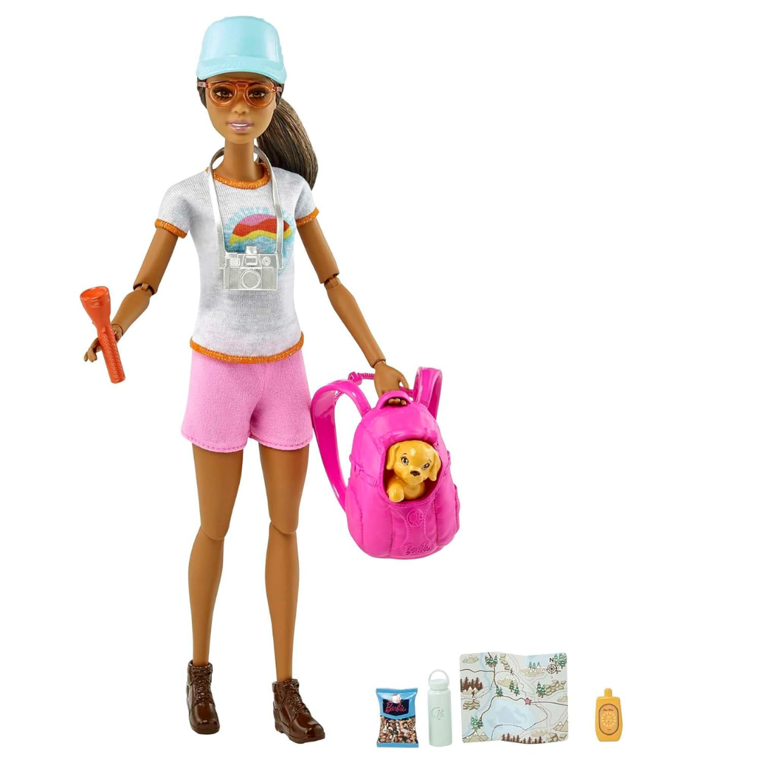 Barbie Doll, Kids Toys, Brunette Doll with Puppy, Sets, Hiking Day, Self-Care Series, Backpack Pet Carrier, Camera and More , HNC39