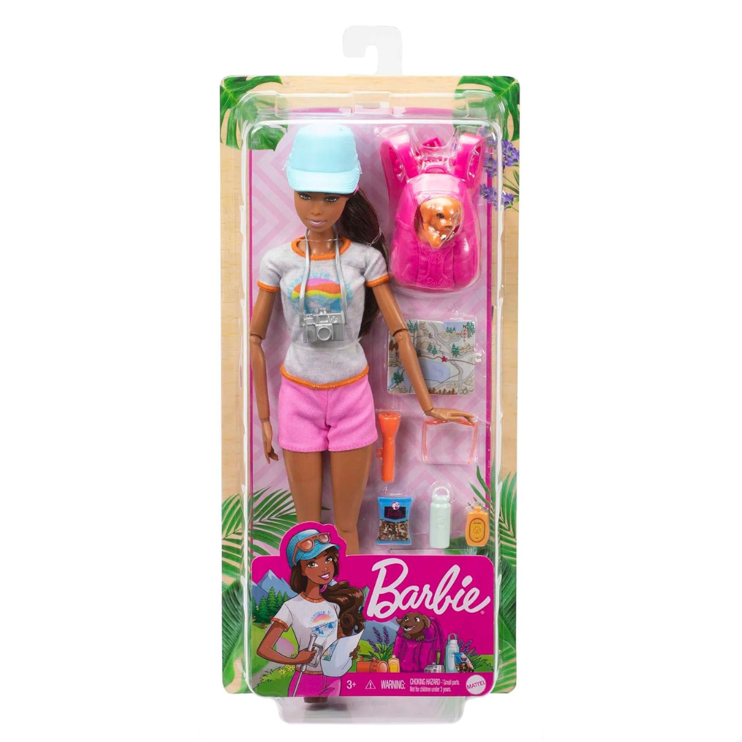 Barbie Doll, Kids Toys, Brunette Doll with Puppy, Sets, Hiking Day, Self-Care Series, Backpack Pet Carrier, Camera and More , HNC39