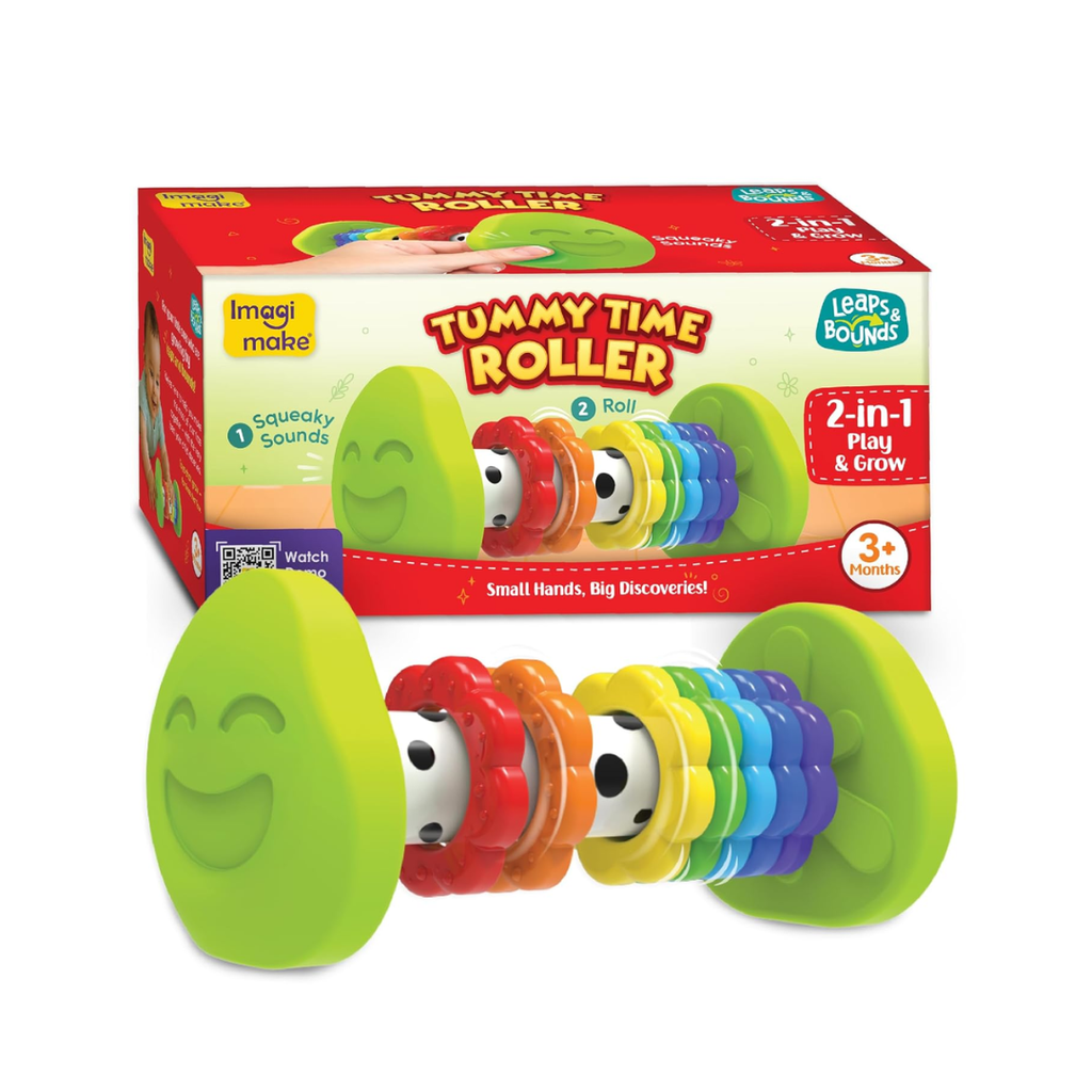 Imagimake Tummy Time Roller | Leaps & Bounds Baby Toys for 3+ Months |Toy for Toddlers, Infants | 2-in-1 Play & Grow - Squeaky Sounds | Non- Toxic | New Born Baby Gifts for 3+Months