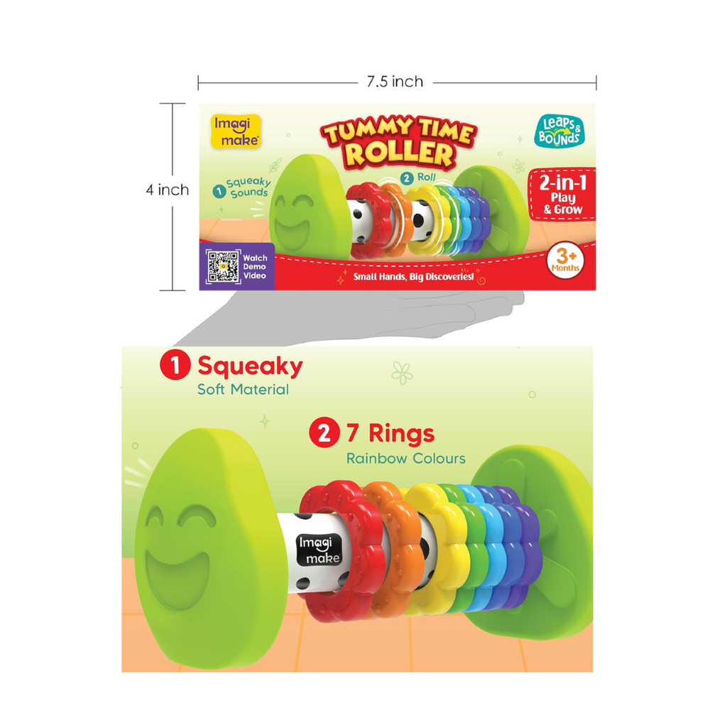 Imagimake Tummy Time Roller | Leaps & Bounds Baby Toys for 3+ Months |Toy for Toddlers, Infants | 2-in-1 Play & Grow - Squeaky Sounds | Non- Toxic | New Born Baby Gifts for 3+Months