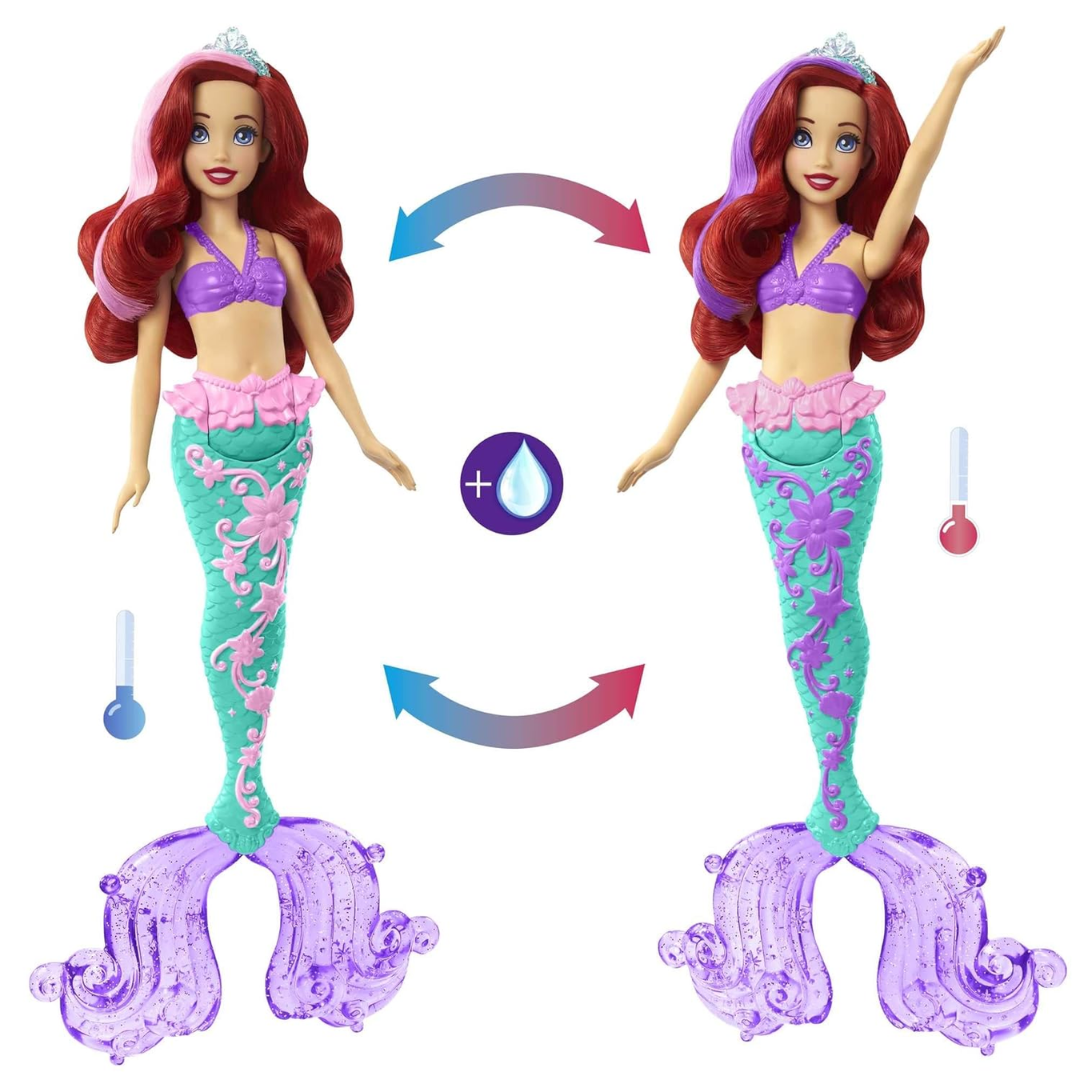Disney Princess Toys, Ariel Mermaid Doll with Color-Change Hair and Tail, Color Splash Water Toy Inspired by The Movie , Hlw00