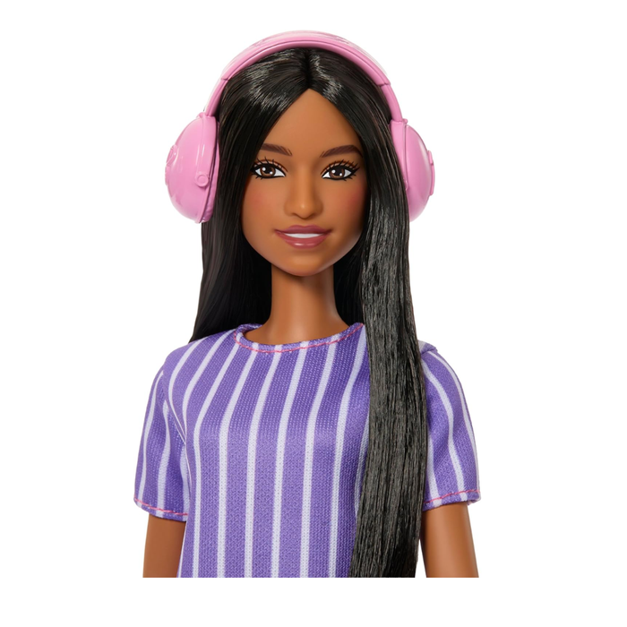 Barbie Fashionistas Doll #245 Autistic Doll with Purple Striped Dress with Accessories such as Fidget Spinner, Tablet and Headphones JJN58