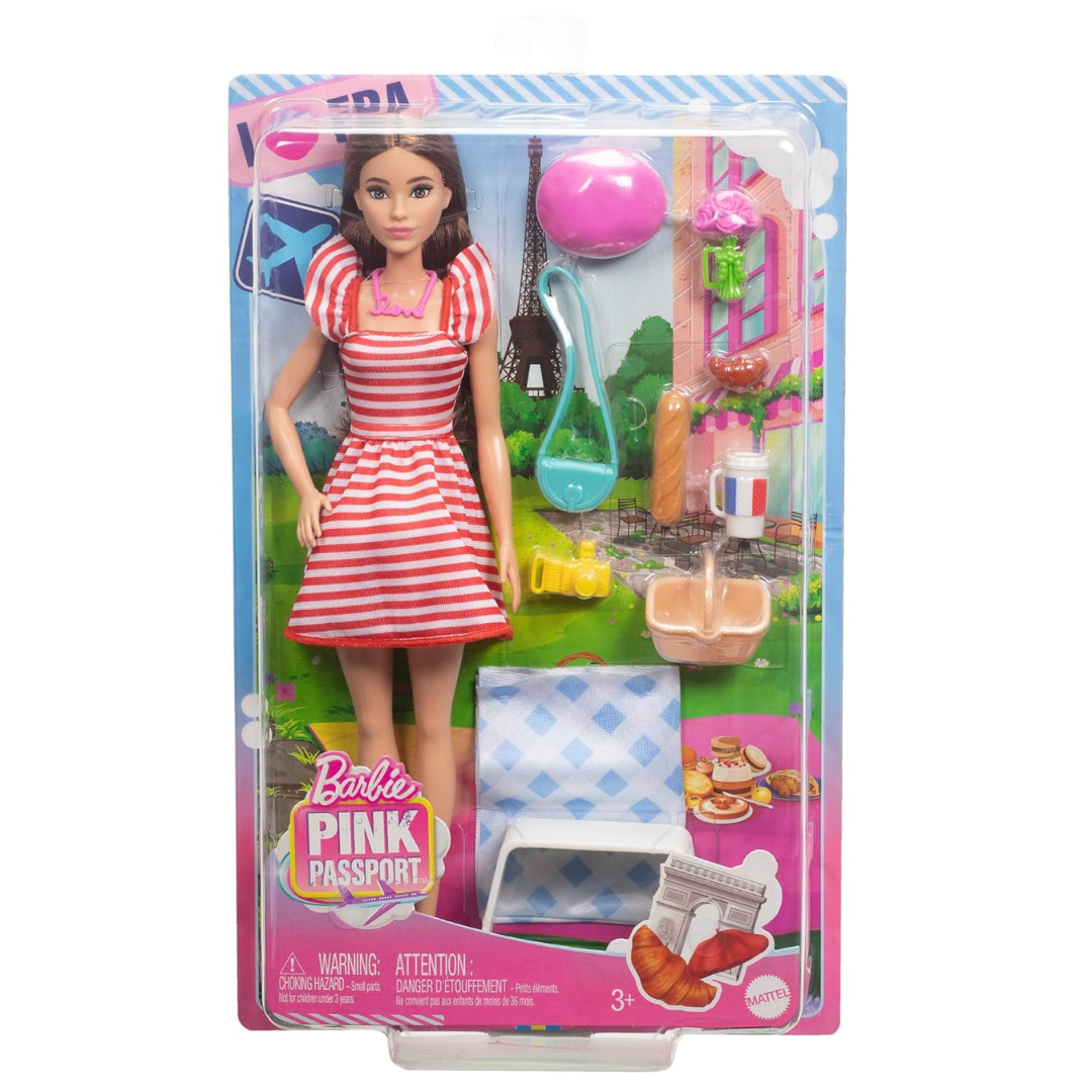 Barbie Doll Set with Clothes & Accessories, Pink Passport Paris Adventures, Includes Brunette Doll & Picnic Pieces , Hwh99