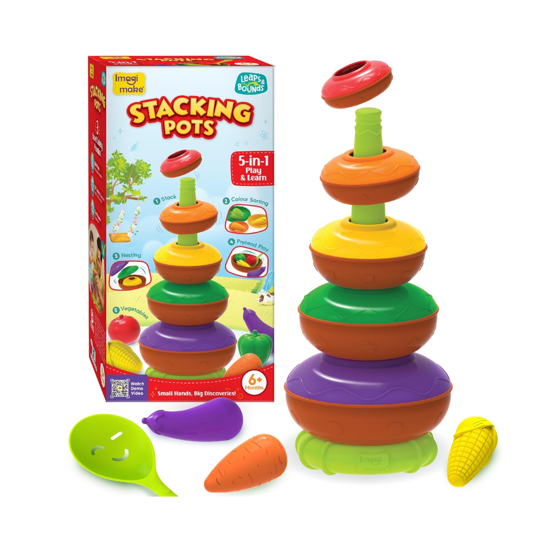 Imagimake Stacking Pots Toys | Leaps & Bounds Baby Toys for 6+ Months | Educational Toy for Toddlers, Infants |5-in-1 Play & Learn | Stacking, Nesting, Pretend Play | BestGift for Kids 6+Month Old