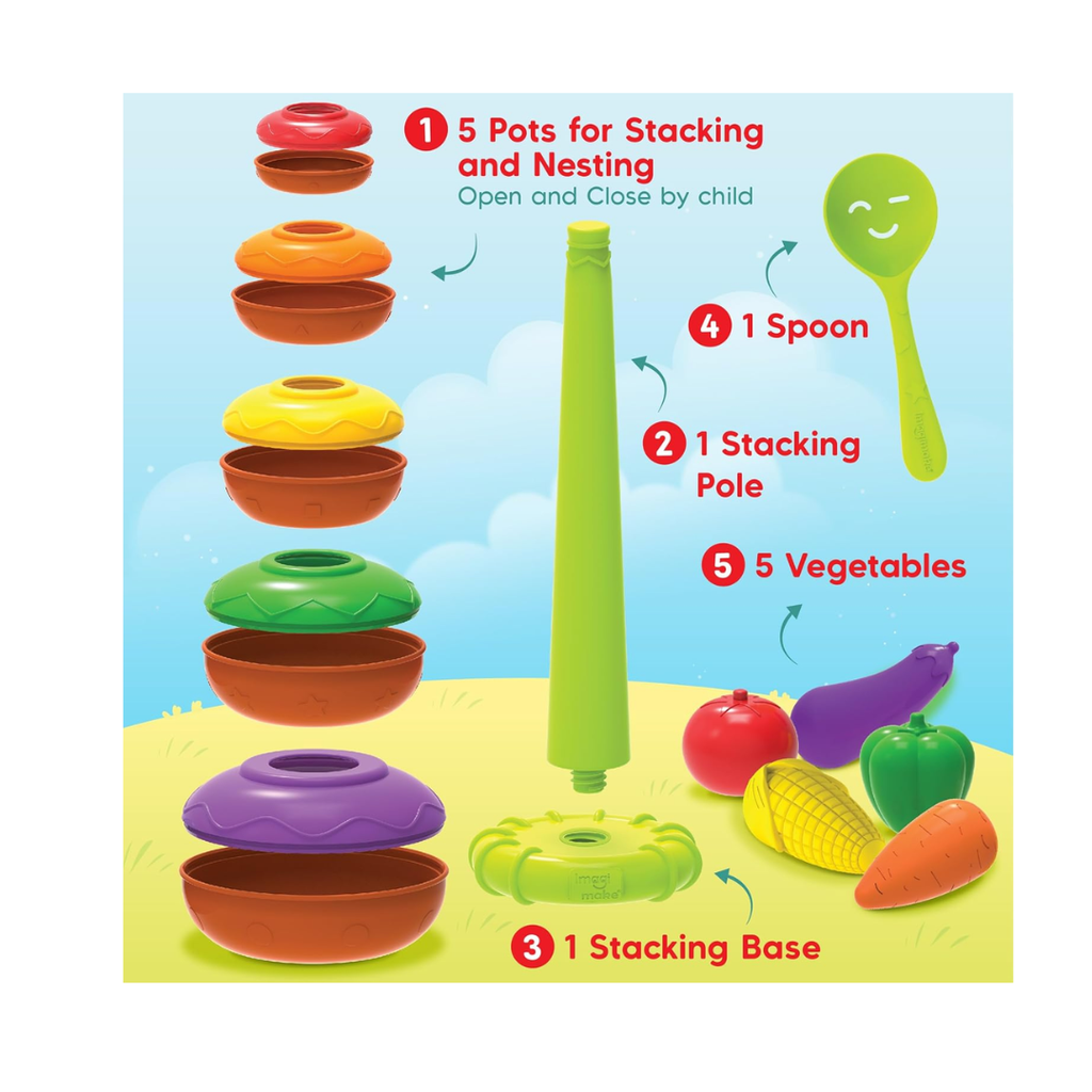 Imagimake Stacking Pots Toys | Leaps & Bounds Baby Toys for 6+ Months | Educational Toy for Toddlers, Infants |5-in-1 Play & Learn | Stacking, Nesting, Pretend Play | BestGift for Kids 6+Month Old