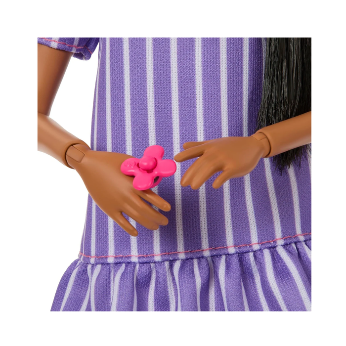 Barbie Fashionistas Doll #245 Autistic Doll with Purple Striped Dress with Accessories such as Fidget Spinner, Tablet and Headphones JJN58