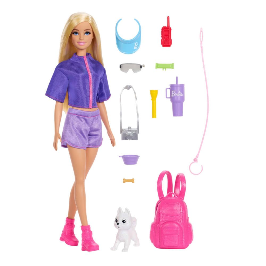 Barbie “Malibu” Outdoor Adventures Fashion Doll Wearing Adventure Outfit, with 10+ Camping-Themed Accessories Including Pet Puppy , Jjv59