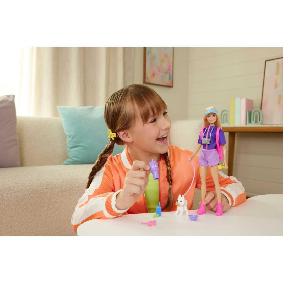 Barbie “Malibu” Outdoor Adventures Fashion Doll Wearing Adventure Outfit, with 10+ Camping-Themed Accessories Including Pet Puppy , Jjv59