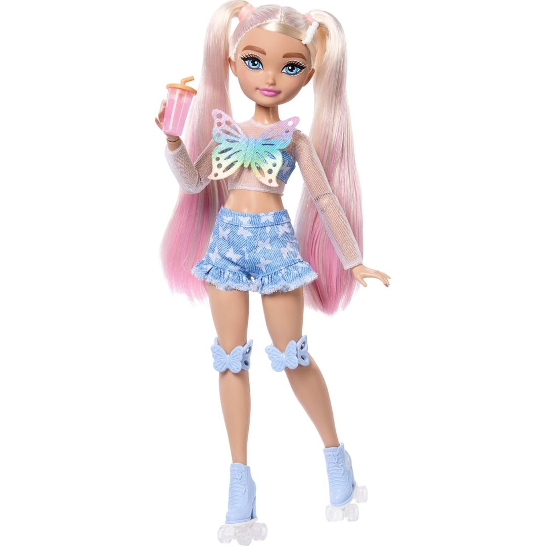 Barbie Dream Besties Doll and Accessories, Moving Malibu" Roller Skate Fashion Doll with Blonde Hair, 9 Pieces Makeup Theme, JFX96