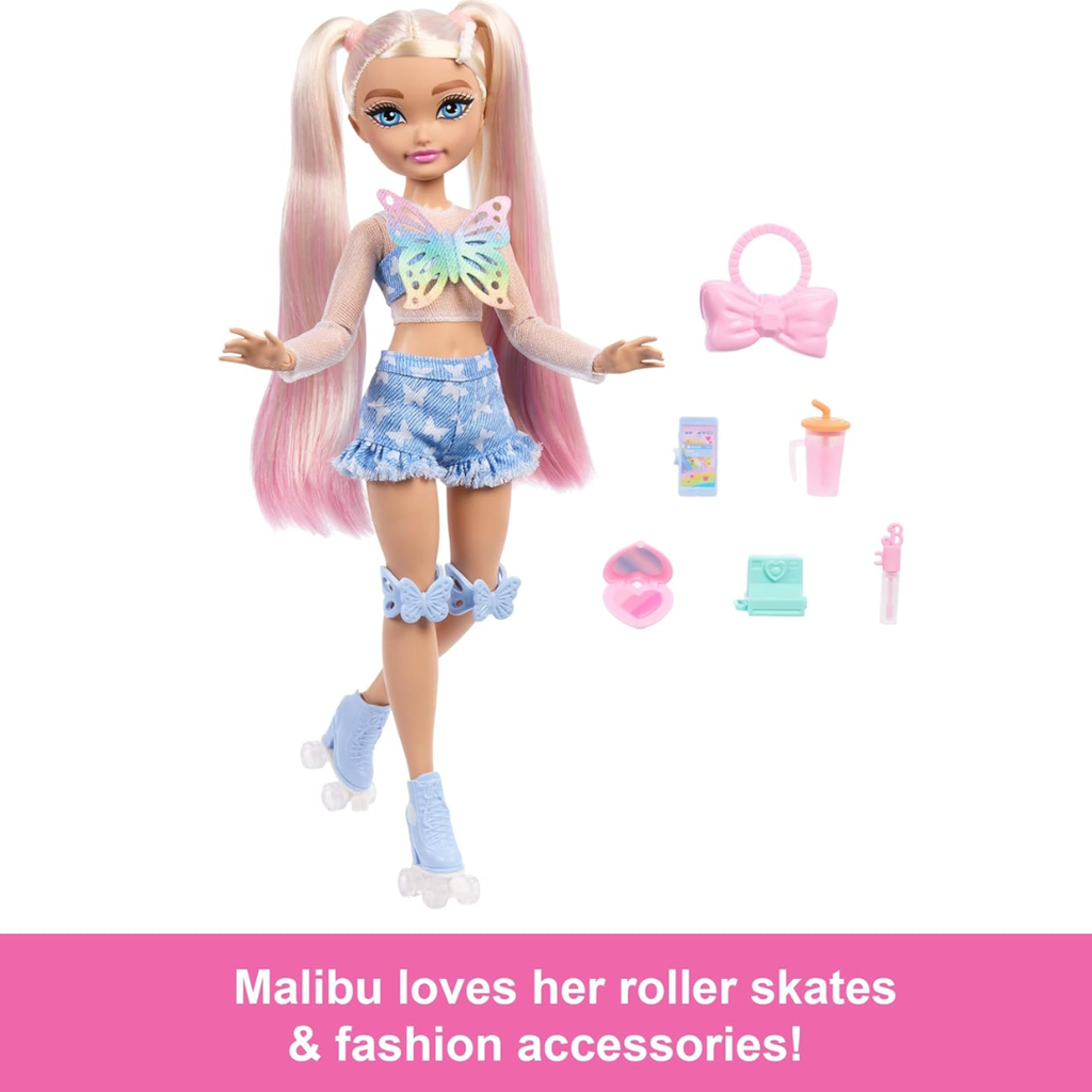 Barbie Dream Besties Doll and Accessories, Moving Malibu" Roller Skate Fashion Doll with Blonde Hair, 9 Pieces Makeup Theme, JFX96