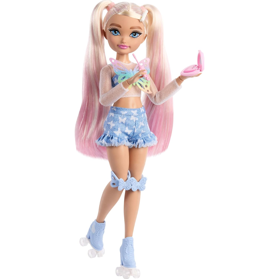 Barbie Dream Besties Doll and Accessories, Moving Malibu" Roller Skate Fashion Doll with Blonde Hair, 9 Pieces Makeup Theme, JFX96