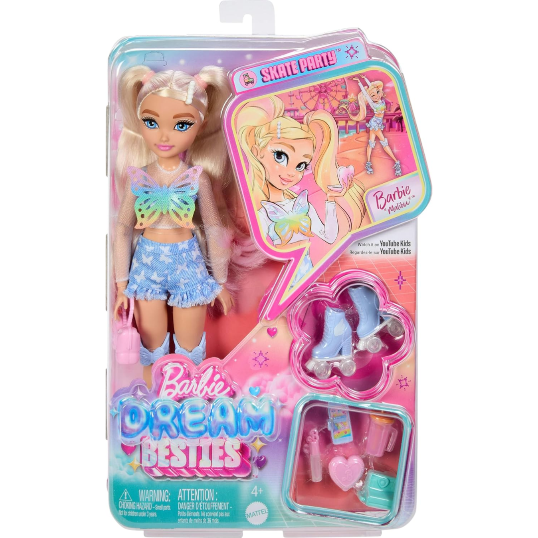 Barbie Dream Besties Doll and Accessories, Moving Malibu" Roller Skate Fashion Doll with Blonde Hair, 9 Pieces Makeup Theme, JFX96