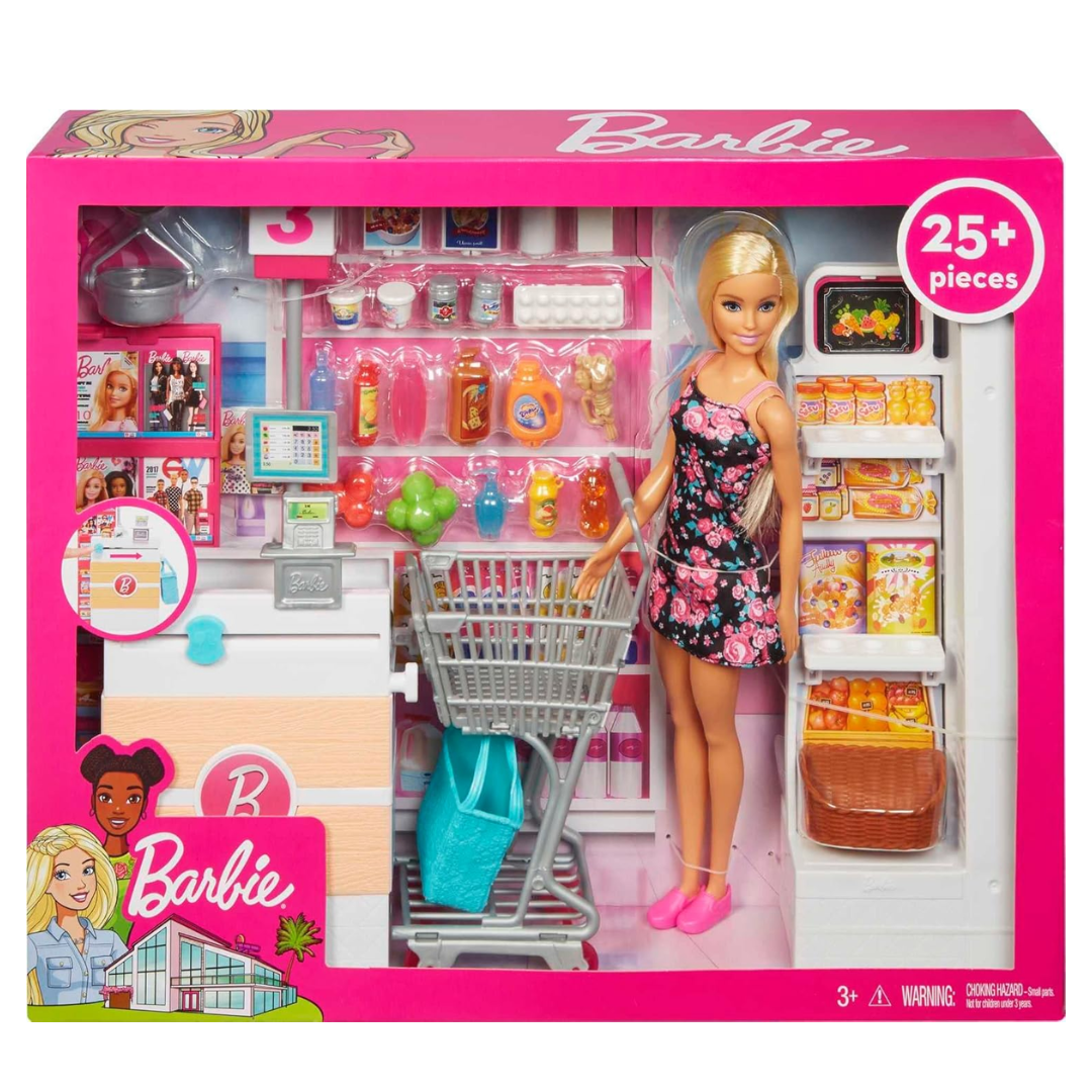 Barbie Doll, Blonde, and Grocery Store with Rolling Cart and Working Belt