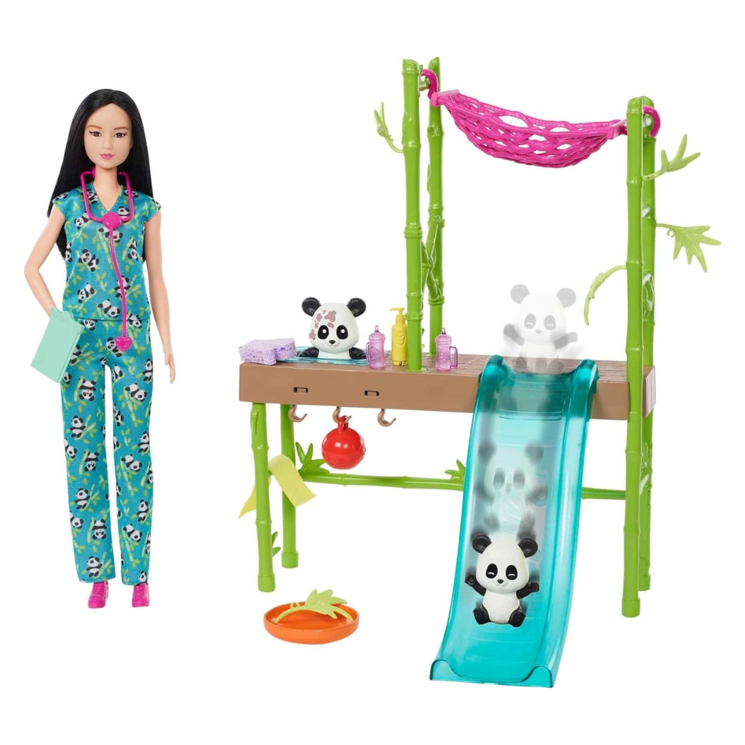 Barbie Careers Playset, Baby Panda Care & Rescue Set with Vet Fashion Doll, 2 Color-Change Pandas & 20+ Accessories