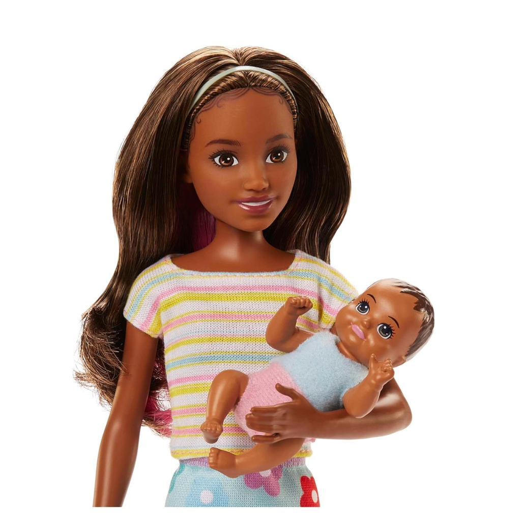 Barbie Dolls and Accessories, Brunette Skipper™ Doll with Baby Figure and 5 Accessories, Babysitters Inc.™ Playset