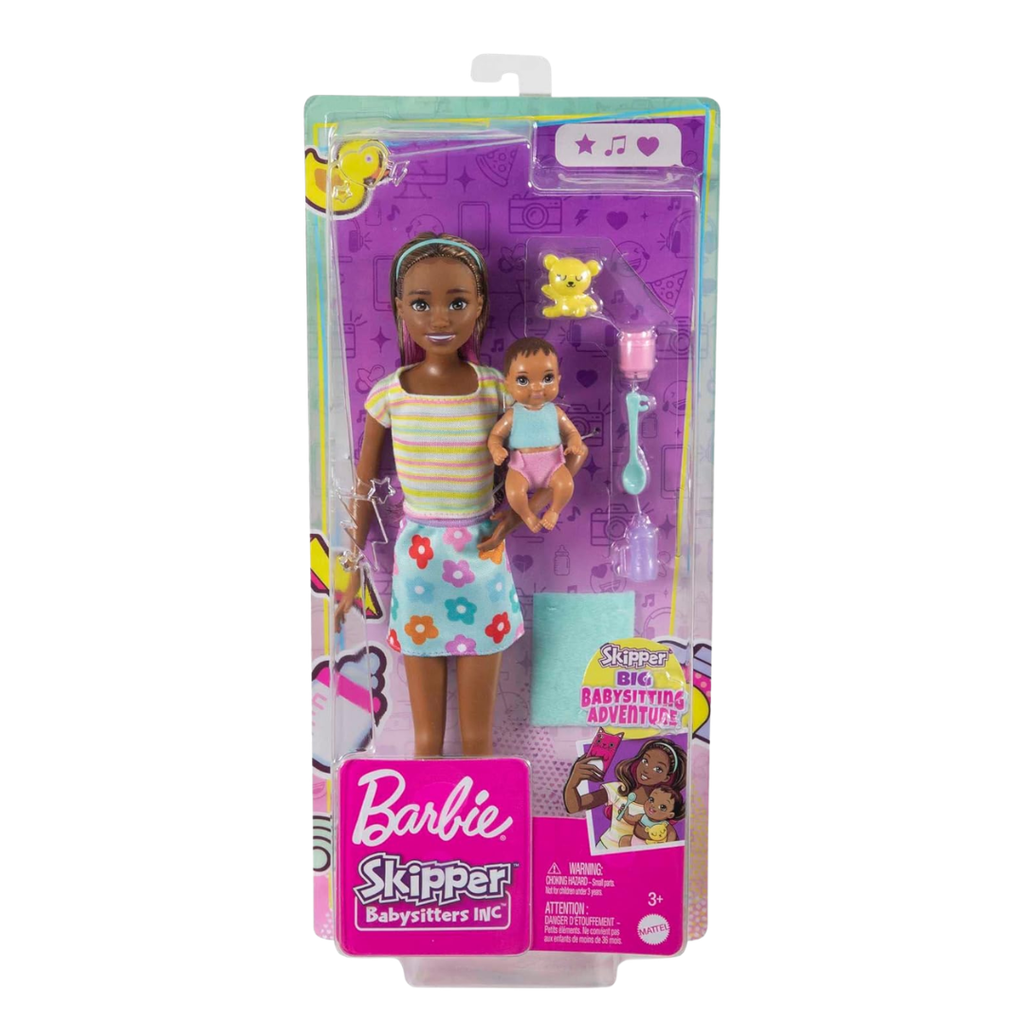 Barbie Dolls and Accessories, Brunette Skipper™ Doll with Baby Figure and 5 Accessories, Babysitters Inc.™ Playset