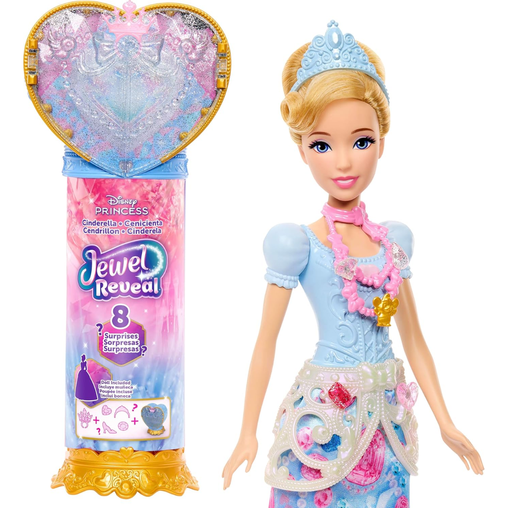 Disney Princess Cinderella Fashion Doll & Accessories with 8 Surprises, Including Heart Gem Box, Ring for Child & 9 Pieces, Inspired by Movie , Jhl50