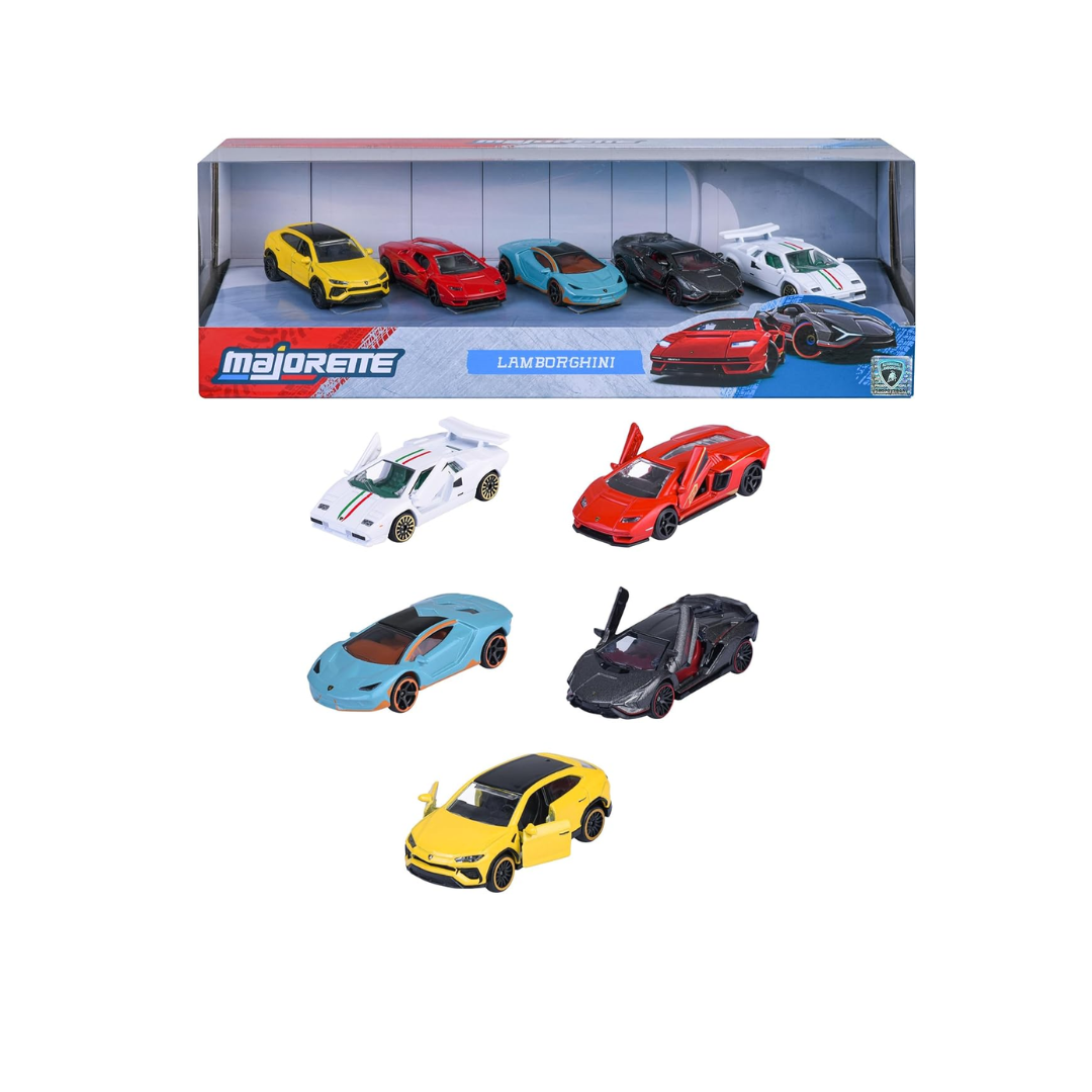 Majorette Lamborghini Car Set (5 Cars) - 5 Unusual Metal Model Cars with Freewheel & Opening Parts, Toy Cars for