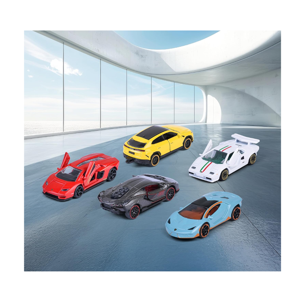Majorette Lamborghini Car Set (5 Cars) - 5 Unusual Metal Model Cars with Freewheel & Opening Parts, Toy Cars for