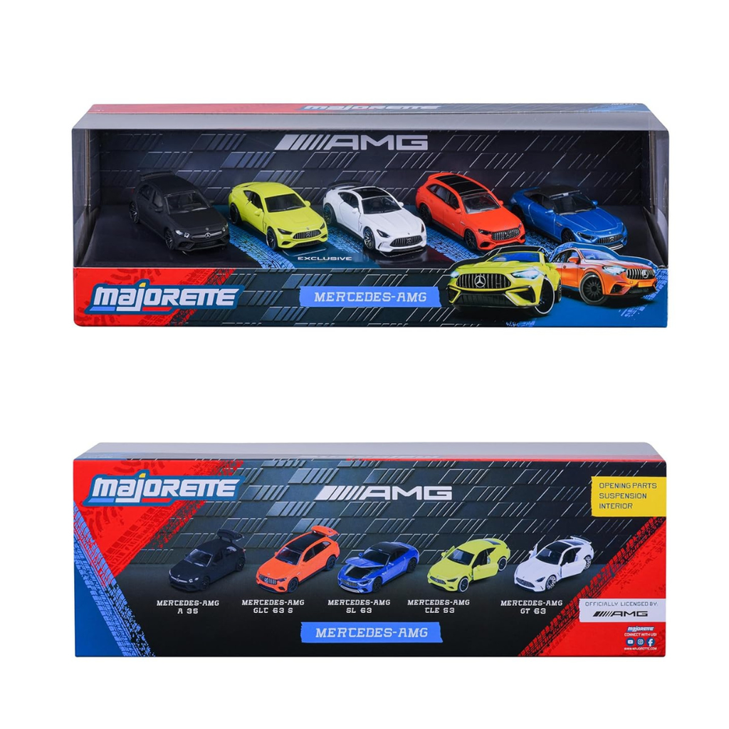 Majorette Mercedes AMG Car Set (5 Cars) - 5 Metal Model Cars with Freewheel and Opening Parts, Includes 2 Exclusive Models