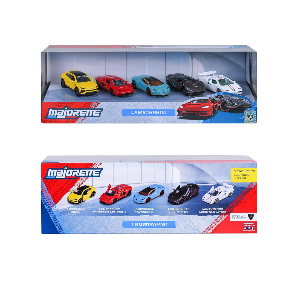 Majorette Lamborghini Car Set (5 Cars) - 5 Unusual Metal Model Cars with Freewheel & Opening Parts, Toy Cars for