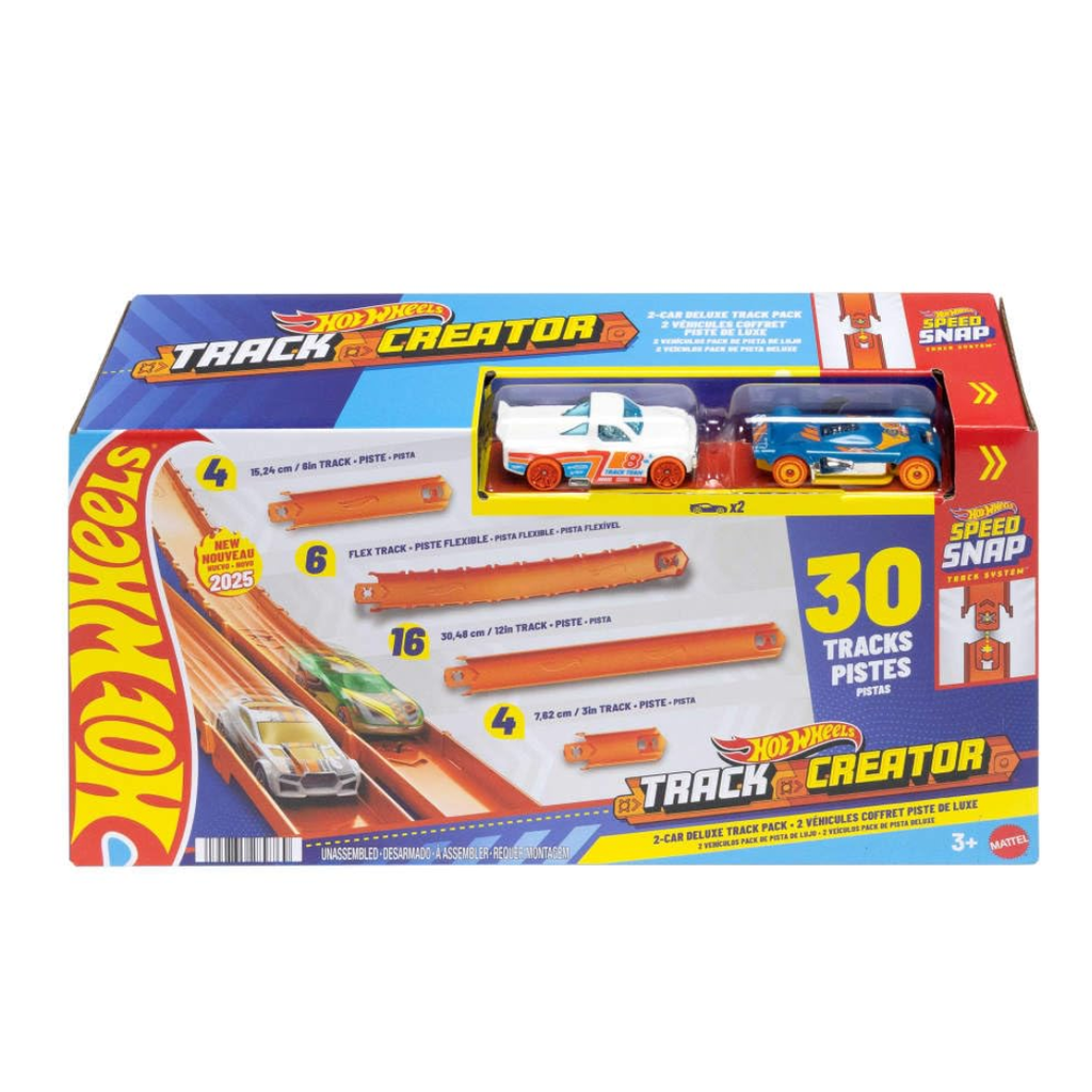 Hot Wheels Track Creator 2-Car Deluxe Pack with 2 1:64 Scale Die-Cast Toy Vehicles, 25 Feet of Different Length Speed Snap Track & Connectors
