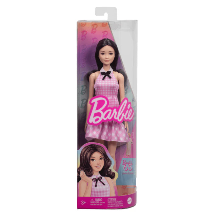 Barbie 65th Anniversary Collectible Fashion Doll -224 with Black Wavy Hair, Pink Gingham Dress