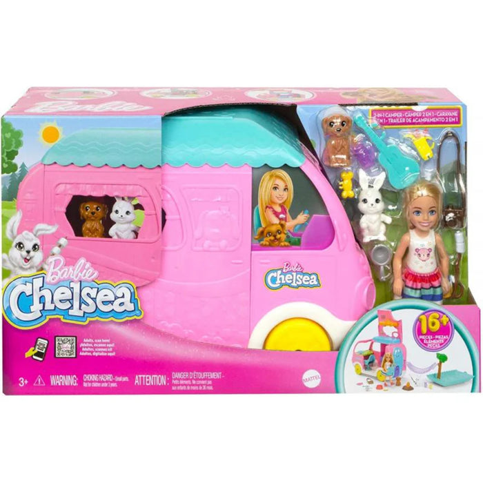 Barbie Chelsea 2-in-1 Camper Playset With Chelsea Small Doll, 2 Pets & 15 Accessories