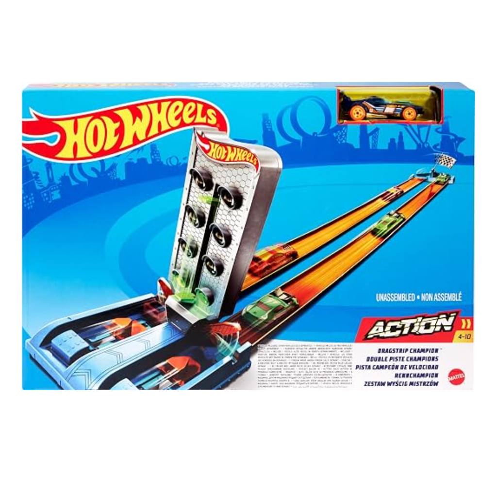 Hot Wheels® Dragstrip Champion™ Playset with One 1:64 Scale Toy Car, Track Set Includes Launcher, Start Gate and Winning Flag
