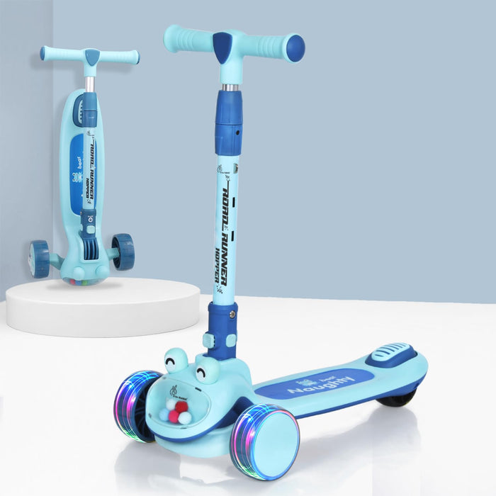 R for Rabbit Road Runner Hopper Foldable Kick Scooter for Kids of 3+ Years, 3 Level Height Adjustment Handle, PU LED Wheels with Rear Brake & Weight Capacity Upto 50 kg (Blue)