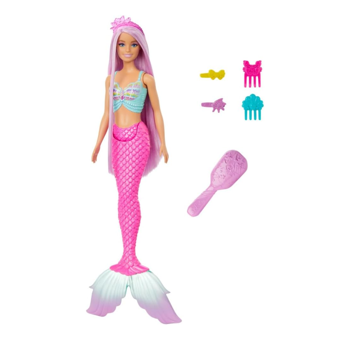 Barbie Mermaid Doll with 7-Inch-Long Pink Fantasy Hair and Colorful Accessories for Styling Play like Headband and Barrettes, HRR00