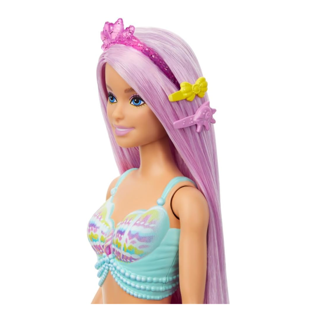Barbie Mermaid Doll with 7-Inch-Long Pink Fantasy Hair and Colorful Accessories for Styling Play like Headband and Barrettes, HRR00