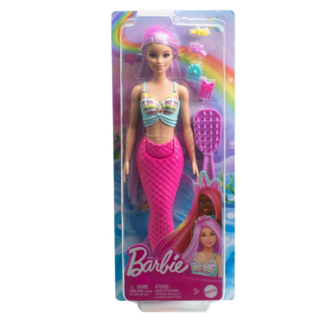 Barbie Mermaid Doll with 7-Inch-Long Pink Fantasy Hair and Colorful Accessories for Styling Play like Headband and Barrettes, HRR00