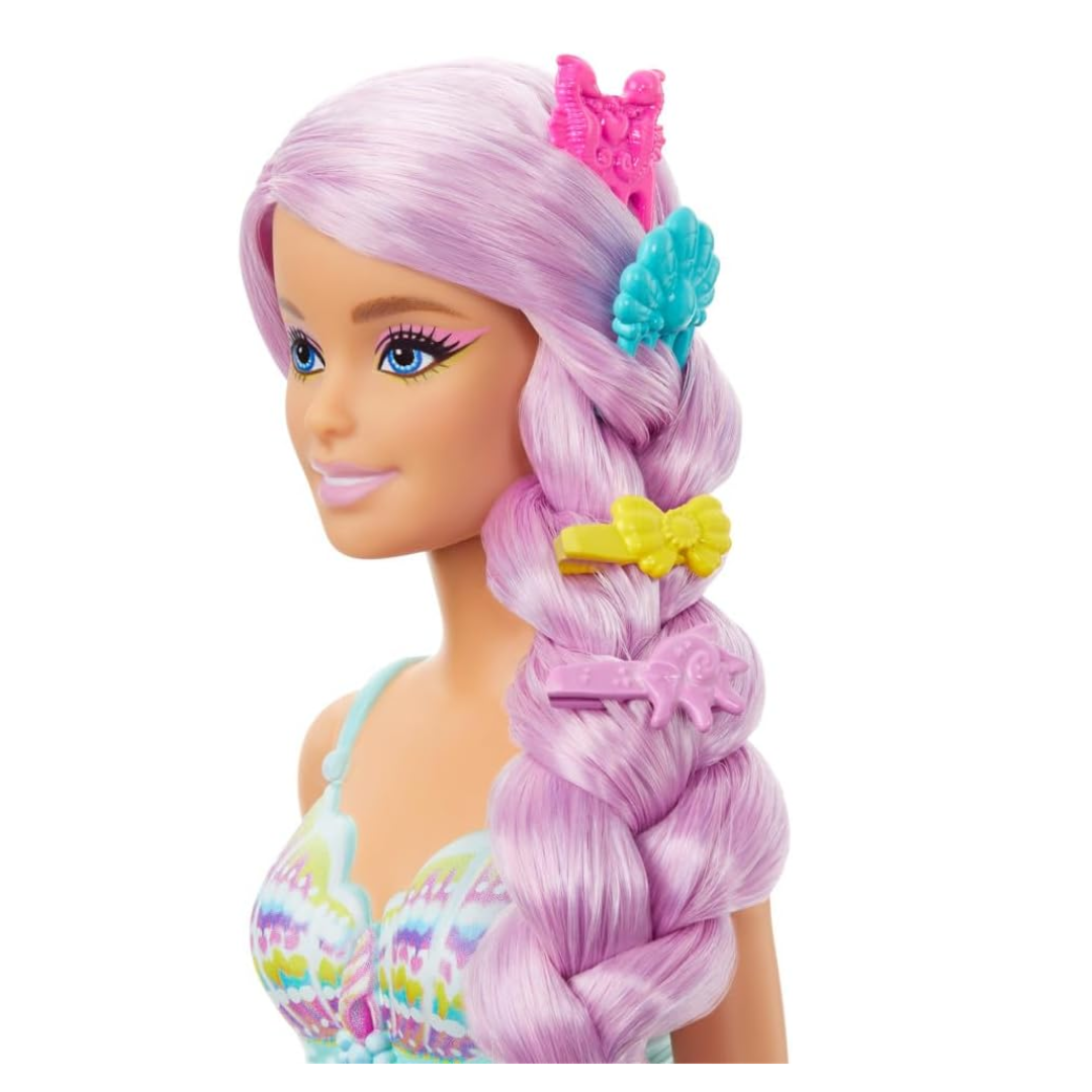 Barbie Mermaid Doll with 7-Inch-Long Pink Fantasy Hair and Colorful Accessories for Styling Play like Headband and Barrettes, HRR00