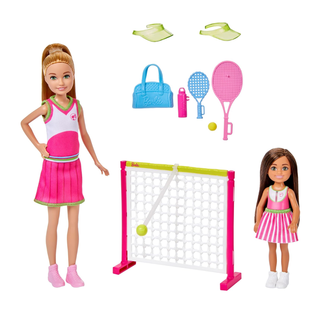 Barbie Stacie & Chelsea Tennis Playset with 2 Dolls & 5+ Accessories Including Net with Swinging Ball Feature & Sports Gear