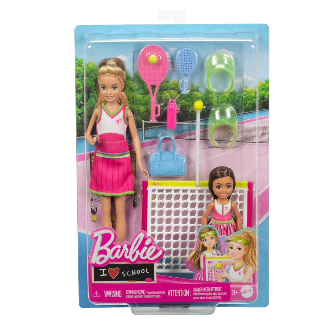 Barbie Stacie & Chelsea Tennis Playset with 2 Dolls & 5+ Accessories Including Net with Swinging Ball Feature & Sports Gear
