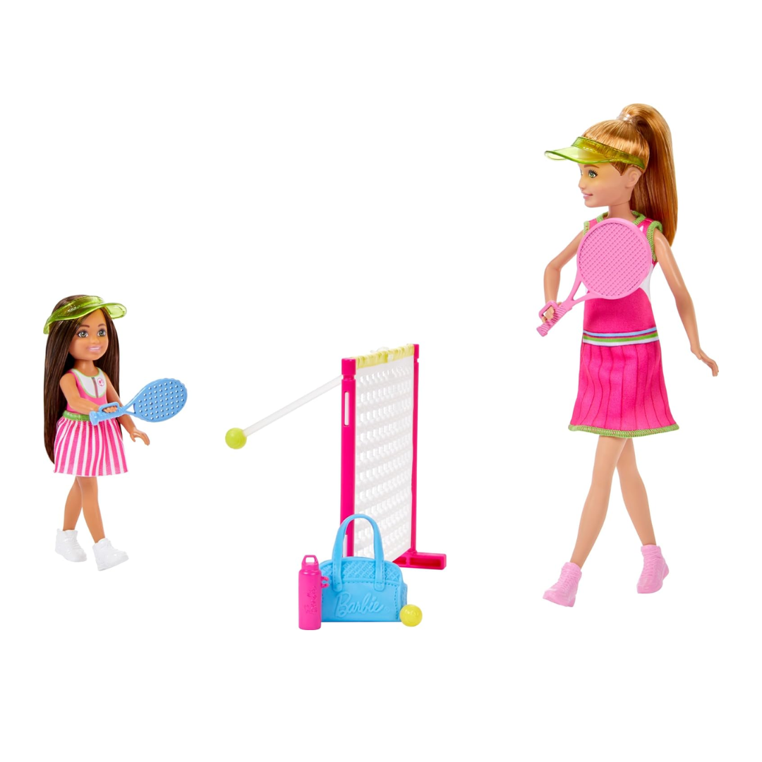 Barbie Stacie & Chelsea Tennis Playset with 2 Dolls & 5+ Accessories Including Net with Swinging Ball Feature & Sports Gear
