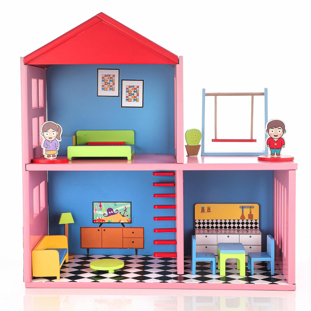 Chanak Wooden Doll House for Kids, Role Playing Doll House Set for Girls with 4 Rooms, Pretend & Play Doll House for Girls Above 3 Years, Painted with 100% Non-Toxic Colors, BIS Approved. (16 PC)