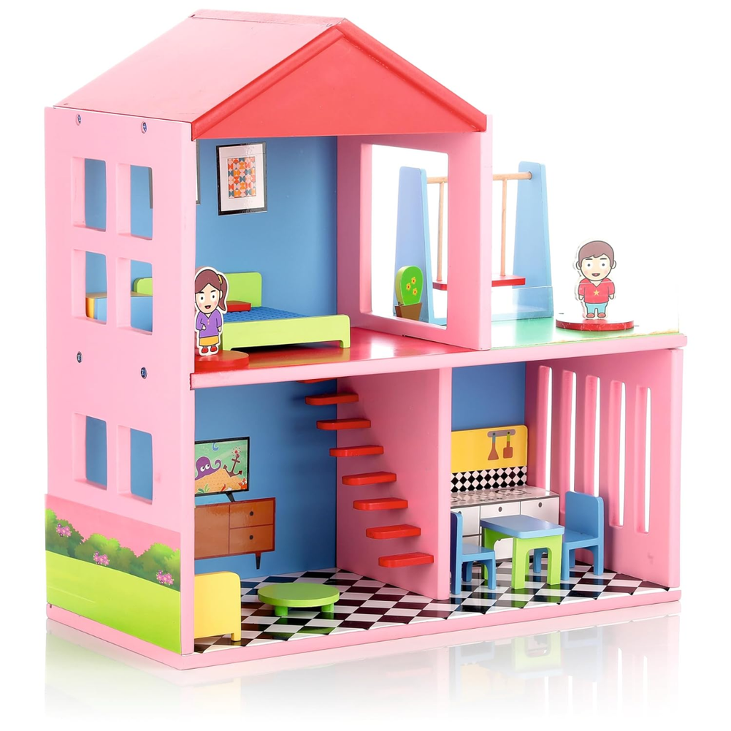 Chanak Wooden Doll House for Kids, Role Playing Doll House Set for Girls with 4 Rooms, Pretend & Play Doll House for Girls Above 3 Years, Painted with 100% Non-Toxic Colors, BIS Approved. (16 PC)