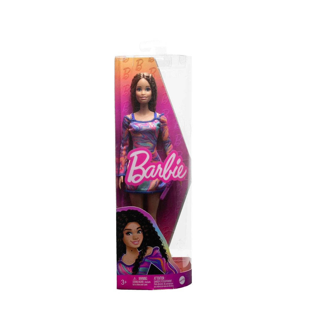 Barbie® Fashionistas™ Doll #206 with Crimped Hair and Freckles, Wearing Rainbow Marble-Print Dress with Green Mules and Purse , HJT03