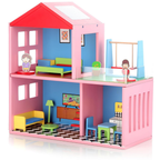 Chanak Wooden Doll House for Kids, Role Playing Doll House Set for Girls with 4 Rooms, Pretend & Play Doll House for Girls Above 3 Years, Painted with 100% Non-Toxic Colors, BIS Approved. (16 PC)