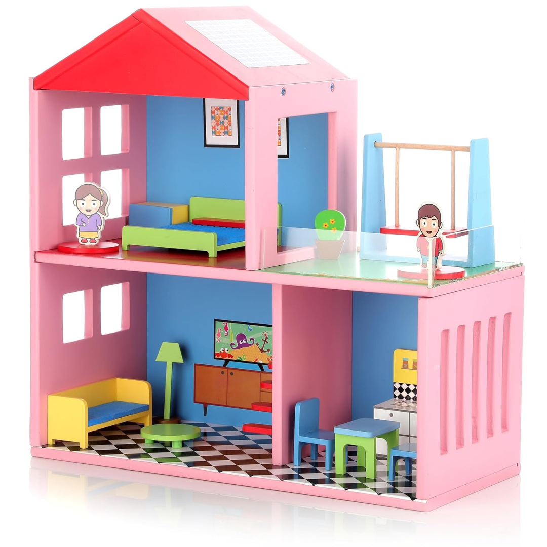 Chanak Wooden Doll House for Kids, Role Playing Doll House Set for Girls with 4 Rooms, Pretend & Play Doll House for Girls Above 3 Years, Painted with 100% Non-Toxic Colors, BIS Approved. (16 PC)