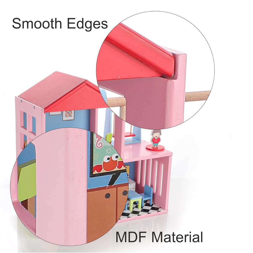 Chanak Wooden Doll House for Kids, Role Playing Doll House Set for Girls with 4 Rooms, Pretend & Play Doll House for Girls Above 3 Years, Painted with 100% Non-Toxic Colors, BIS Approved. (16 PC)