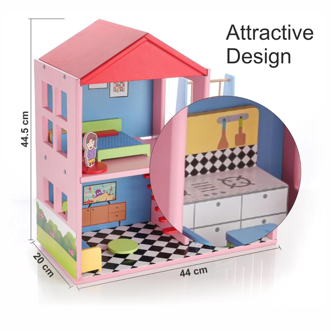 Chanak Wooden Doll House for Kids, Role Playing Doll House Set for Girls with 4 Rooms, Pretend & Play Doll House for Girls Above 3 Years, Painted with 100% Non-Toxic Colors, BIS Approved. (16 PC)