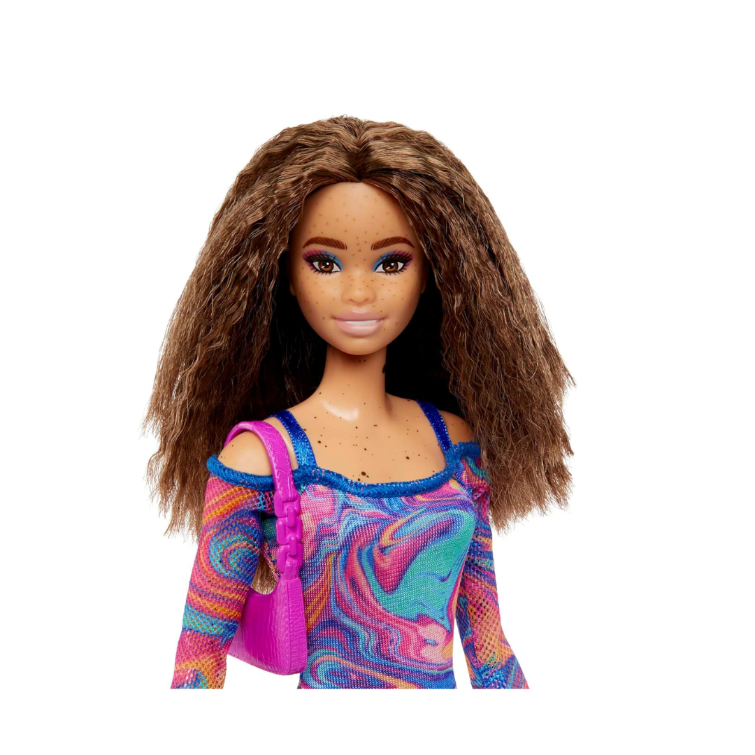 Barbie® Fashionistas™ Doll #206 with Crimped Hair and Freckles, Wearing Rainbow Marble-Print Dress with Green Mules and Purse , HJT03