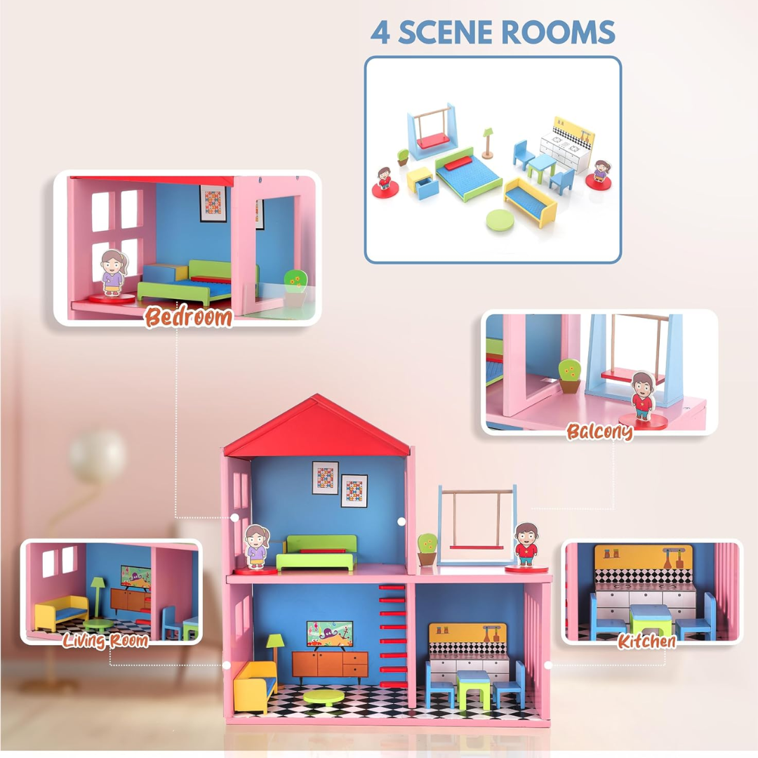 Chanak Wooden Doll House for Kids, Role Playing Doll House Set for Girls with 4 Rooms, Pretend & Play Doll House for Girls Above 3 Years, Painted with 100% Non-Toxic Colors, BIS Approved. (16 PC)