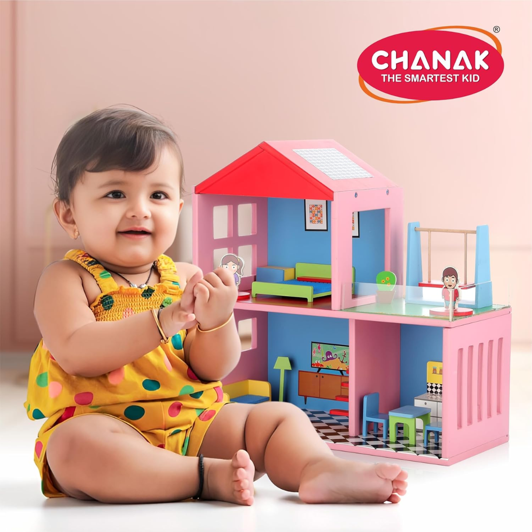 Chanak Wooden Doll House for Kids, Role Playing Doll House Set for Girls with 4 Rooms, Pretend & Play Doll House for Girls Above 3 Years, Painted with 100% Non-Toxic Colors, BIS Approved. (16 PC)