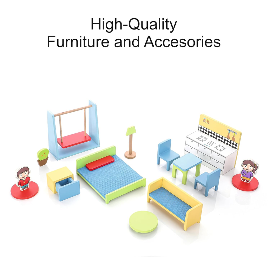 Chanak Wooden Doll House for Kids, Role Playing Doll House Set for Girls with 4 Rooms, Pretend & Play Doll House for Girls Above 3 Years, Painted with 100% Non-Toxic Colors, BIS Approved. (16 PC)